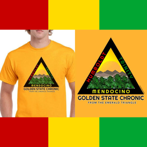 Emerald Triangle Tee Shirts, Colors - Red, Gold, Green, Sizes SM, MD, LG, XL, XXL